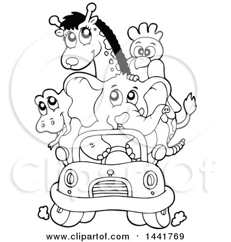 Clipart of a Black and White Lineart Car Full of Zoo Animals - Royalty Free Vector Illustration by visekart