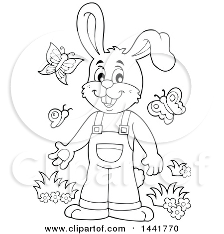 Clipart of a Black and White Lineart Happy Bunny Rabbit Wearing Overalls - Royalty Free Vector Illustration by visekart