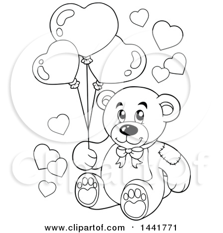 Clipart of a Black and White Lineart Valentine Teddy Bear Holding Heart Balloons - Royalty Free Vector Illustration by visekart