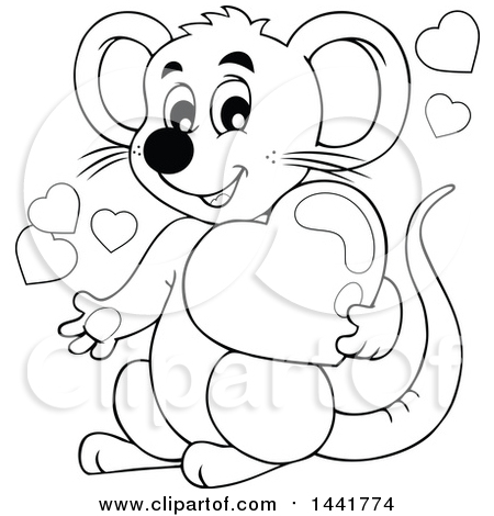 Clipart of a Black and White Lineart Valentine Mouse Holding a Heart - Royalty Free Vector Illustration by visekart