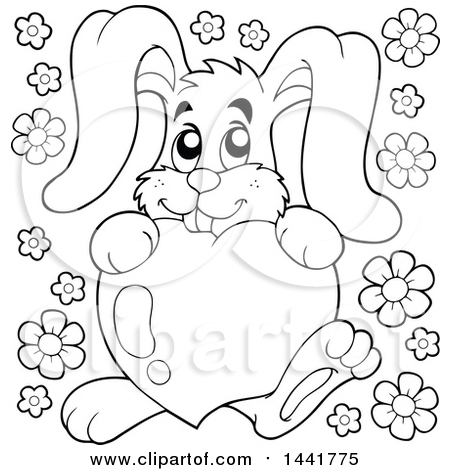Clipart of a Black and White Lineart Valentine Rabbit Hugging a Heart - Royalty Free Vector Illustration by visekart