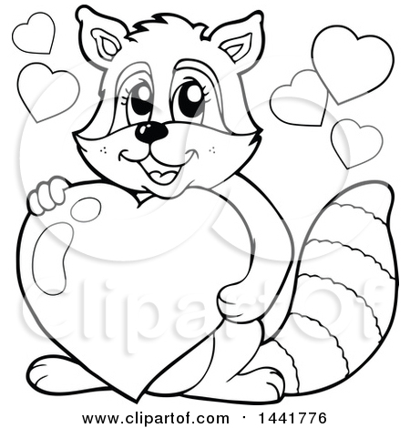 Clipart of a Black and White Lineart Valentine Raccoon Hugging a Heart - Royalty Free Vector Illustration by visekart