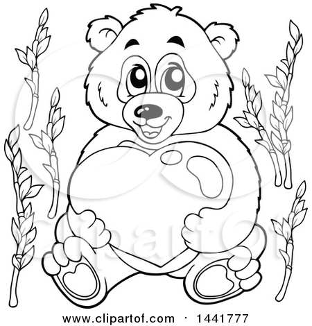 Clipart of a Black and White Lineart Valentine Panda Hugging a Heart - Royalty Free Vector Illustration by visekart