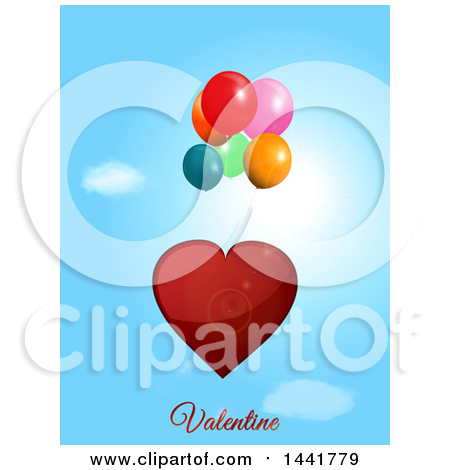 Clipart of a Red Love Heart Floating with Balloons over a Sky, with Valentine Text - Royalty Free Vector Illustration by elaineitalia