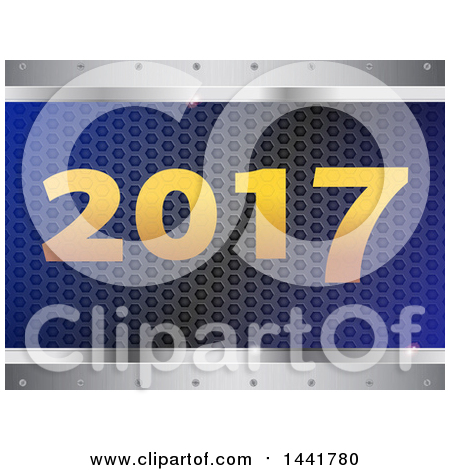 Clipart of a Blue Metal Honeycomb Patterned Panel with Metal Borders and New Year 2017 Numbers - Royalty Free Vector Illustration by elaineitalia