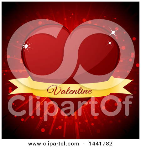 Clipart of a Red Heart with a Valentine Text Banner over a Burst - Royalty Free Vector Illustration by elaineitalia