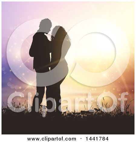 Clipart of a Silhouetted Valentines Day Couple Embracing, Against a Sunset - Royalty Free Vector Illustration by KJ Pargeter
