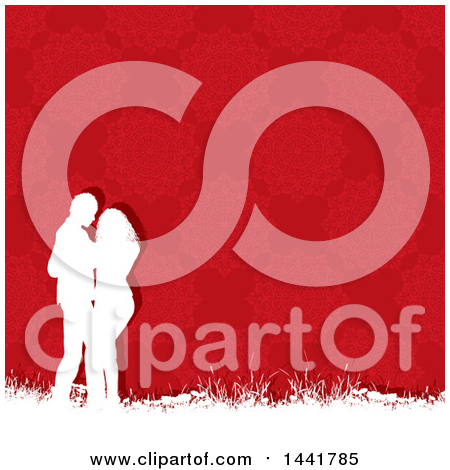 Clipart of a White Silhouetted Valentines Day Couple Embracing, over a Red Pattern - Royalty Free Vector Illustration by KJ Pargeter