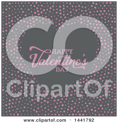 Clipart of a Heart Shaped Frame with Happy Valentines Day Text and Pink Hearts on Gray - Royalty Free Vector Illustration by KJ Pargeter