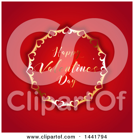Clipart of a Happy Valentines Day Greeting in an Ornate Golden Frame on Red - Royalty Free Vector Illustration by KJ Pargeter