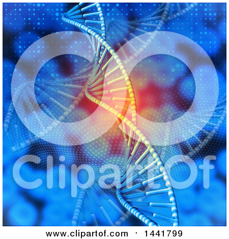 Clipart of a 3d Scientific Medical Background of a Double Helix Dna Strand on Blue - Royalty Free Illustration by KJ Pargeter