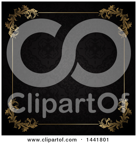 Clipart of a Beautiful Ornate Golden Floral Frame on a Black Pattern - Royalty Free Vector Illustration by KJ Pargeter