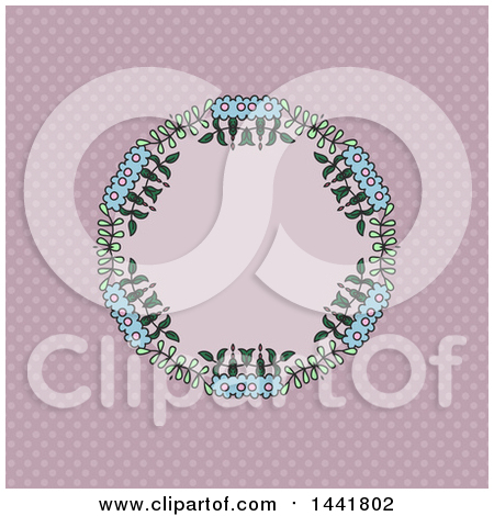 Clipart of a Circular Frame of Blue Flowers and Green Vines over Polka Dots - Royalty Free Vector Illustration by KJ Pargeter