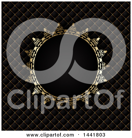 Clipart of a Round Ornate Golden Frame over Diamonds on Black - Royalty Free Vector Illustration by KJ Pargeter