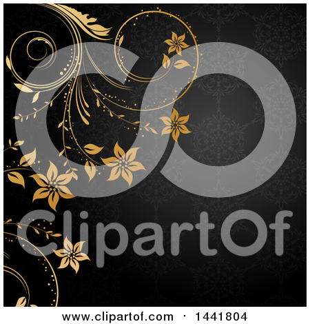 Clipart of a Dark Gray Floral Patterned Background with Golden Flower Vines - Royalty Free Vector Illustration by KJ Pargeter