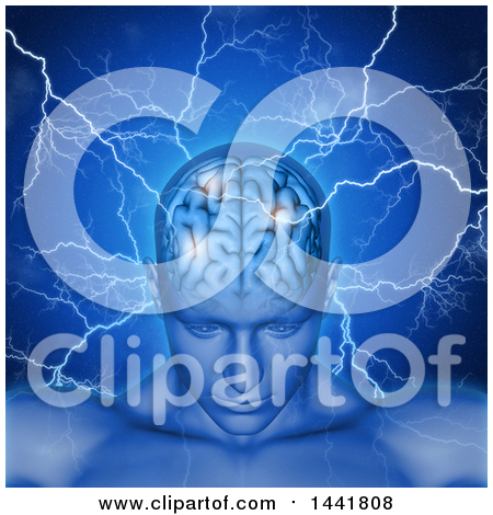 Clipart of a 3d Xrayed Anatomical Man with Visible Brain and Lightning over Blue - Royalty Free Illustration by KJ Pargeter