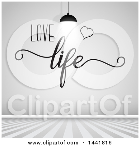 Clipart of a Love Life Wall Decal Under a Light in a Gray Room - Royalty Free Vector Illustration by KJ Pargeter