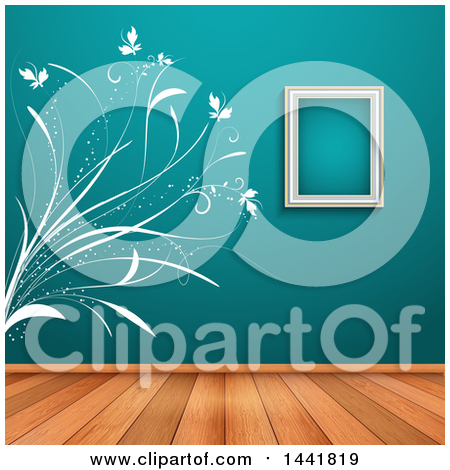 Clipart of a White Floral Wall Decal and Empty Frame on a Teal Wall in a Room with Wood Floors - Royalty Free Vector Illustration by KJ Pargeter