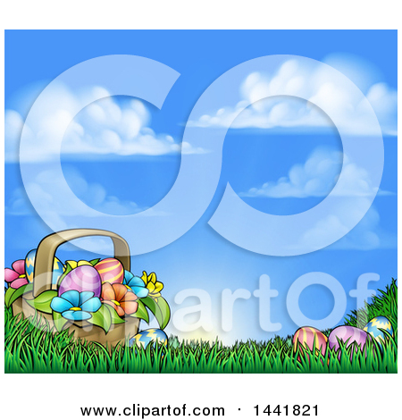 Clipart of a Cartoon Basket of Easter Eggs and Flowers in Grass, Against a Blue Sunny Sky - Royalty Free Vector Illustration by AtStockIllustration