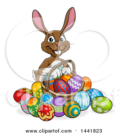 Clipart of a Cartoon Happy Brown Easter Bunny Rabbit with a Basket and Eggs - Royalty Free Vector Illustration by AtStockIllustration