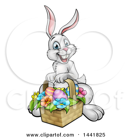 Clipart of a Cartoon Happy White Easter Bunny Rabbit with a Basket and Eggs - Royalty Free Vector Illustration by AtStockIllustration