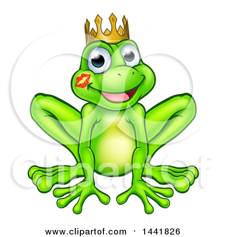 Clipart of a Cartoon Happy Smiling Green Frog Prince with a Liptstick Kiss on His Cheek - Royalty Free Vector Illustration by AtStockIllustration