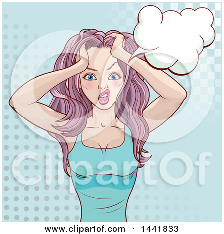 Clipart of a Pop Art Frustrated Purple Haired Woman Going Crazy and Grabbing Her Hair While Thinking over Halftone on Blue - Royalty Free Vector Illustration by Pushkin