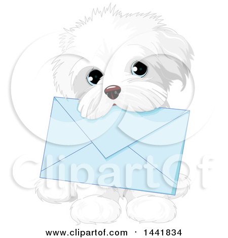 Clipart of a Cute White Shih Tzu Dog Carrying a Blue Envelope in Its Mouth - Royalty Free Vector Illustration by Pushkin