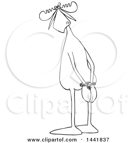 Clipart of a Cartoon Black and White Lineart Moose Criminal with His Hands Cuffed - Royalty Free Vector Illustration by djart