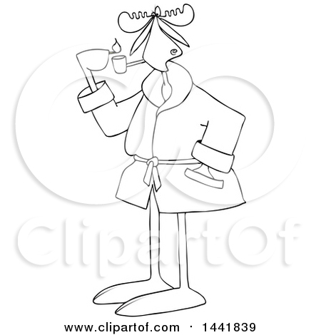 Clipart of a Cartoon Black and White Lineart Moose in a Robe, Lighting a Pipe - Royalty Free Vector Illustration by djart