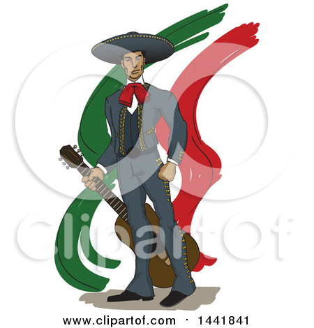 Clipart of a Proud Mariachi Man Holding a Guitar over Mexican Colored Streaks - Royalty Free Vector Illustration by David Rey
