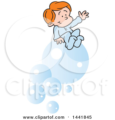 Clipart of a Cartoon Red Haired Caucasian Boy Dreaming of Riding Bubbles - Royalty Free Vector Illustration by Johnny Sajem