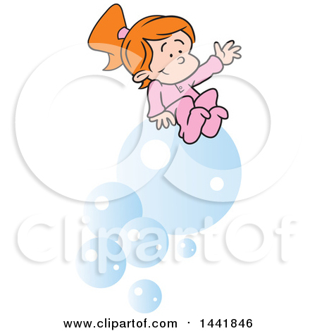 Clipart of a Cartoon Red Haired Caucasian Girl Dreaming of Riding Bubbles - Royalty Free Vector Illustration by Johnny Sajem