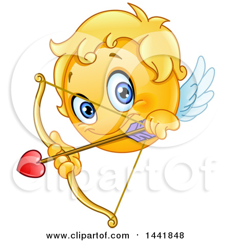 Clipart of a Cartoon Yellow Emoji Smiley Face Emoticon Cupid Aiming an Arrow - Royalty Free Vector Illustration by yayayoyo