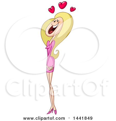 Clipart of a Cartoon Blond Caucasian Woman in a Pink Dress, Gushing Under Love Hearts - Royalty Free Vector Illustration by yayayoyo
