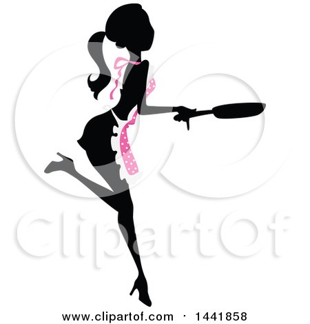 Clipart of a Silhouetted Woman Cooking with a Skillet and Pink Polka Dot Apron - Royalty Free Vector Illustration by BNP Design Studio