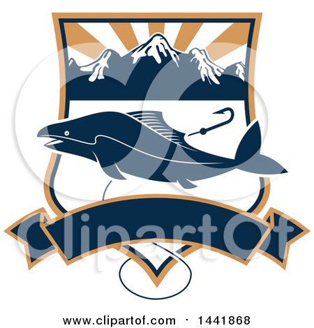 Clipart of a Fish over a Shield with a Fishing Hook, Mountains and Banner - Royalty Free Vector Illustration by Vector Tradition SM
