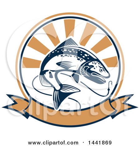 Clipart of a Salmon Fish over a Circle with a Fishing Hook, Rays and Banner - Royalty Free Vector Illustration by Vector Tradition SM