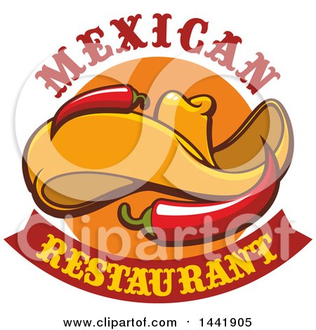 Clipart of a Sombrero Hat with Chili Peppers and Mexican Restaurant Text - Royalty Free Vector Illustration by Vector Tradition SM