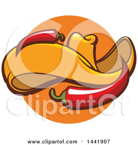 Clipart of a Mexican Sombrero Hat with Chili Peppers over an Orange Circle - Royalty Free Vector Illustration by Vector Tradition SM