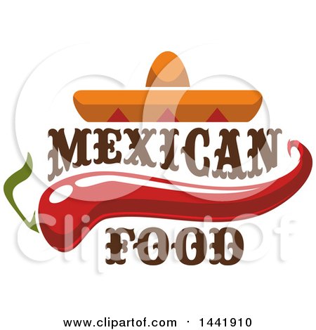 Clipart of a Mexican Sombrero Hat with a Chili Pepper and Mexican Food Text - Royalty Free Vector Illustration by Vector Tradition SM