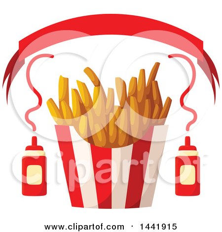 Clipart of a Container of French Fries with Ketchup and a Banner - Royalty Free Vector Illustration by Vector Tradition SM