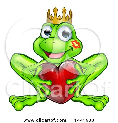Clipart of a Cartoon Happy Smiling Green Frog with a Liptstick Kiss on His Cheek, Holding a Red Heart - Royalty Free Vector Illustration by AtStockIllustration