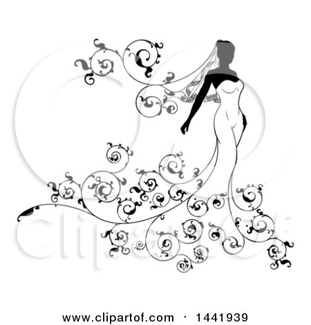 Clipart of a Silhouetted Black and White Bride in Her Dress, with Swirls - Royalty Free Vector Illustration by AtStockIllustration