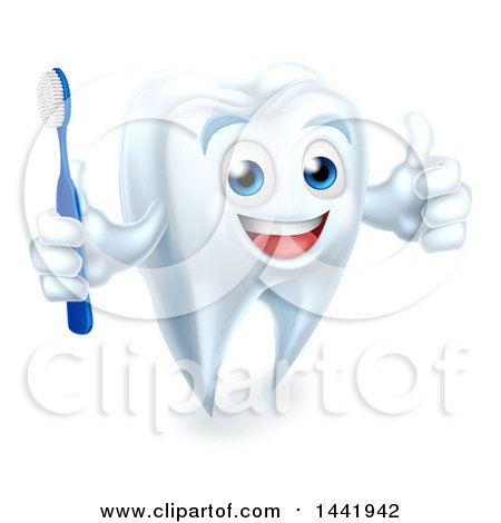 Clipart of a Happy White Tooth Mascot Holding a Toothbrush and Giving a Thumb up - Royalty Free Vector Illustration by AtStockIllustration