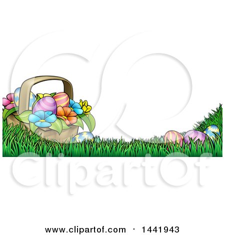 Clipart of a Cartoon Border of a Basket of Easter Eggs and Flowers in Grass - Royalty Free Vector Illustration by AtStockIllustration