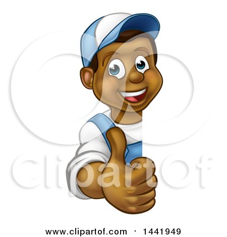 Clipart of a Cartoon Happy Black Male Worker Giving a Thumb up Around a Sign - Royalty Free Vector Illustration by AtStockIllustration