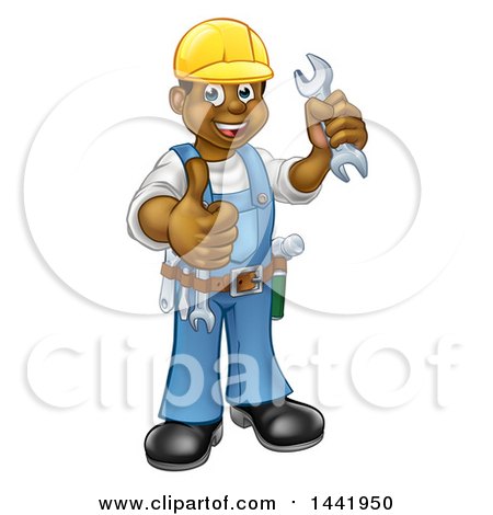 Clipart of a Cartoon Full Length Happy Black Male Mechanic Holding up a Wrench and Giving a Thumb up - Royalty Free Vector Illustration by AtStockIllustration