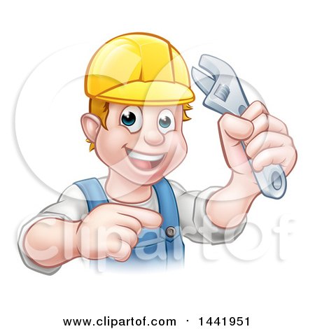 Clipart of a Cartoon Happy White Male Plumber Wearing a Hardhat, Holding an Adjustable Wrench and Pointing - Royalty Free Vector Illustration by AtStockIllustration