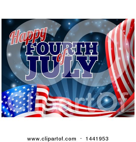 Clipart of a 3d Long American Flag and Fourth of July Text over Dark Blue Sky with Rays and Flares - Royalty Free Vector Illustration by AtStockIllustration